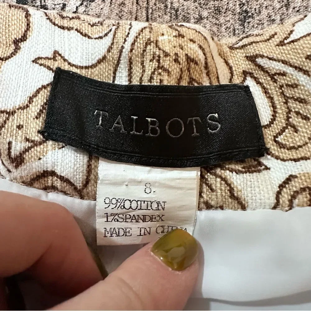 Talbots Cream and Brown Floral A-Line Cotton Skirt Size 8